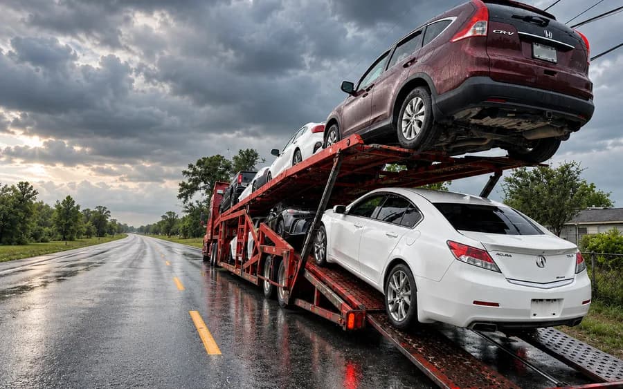 A fully loaded open car carrier on a wet two-lane highway under storm cloud.