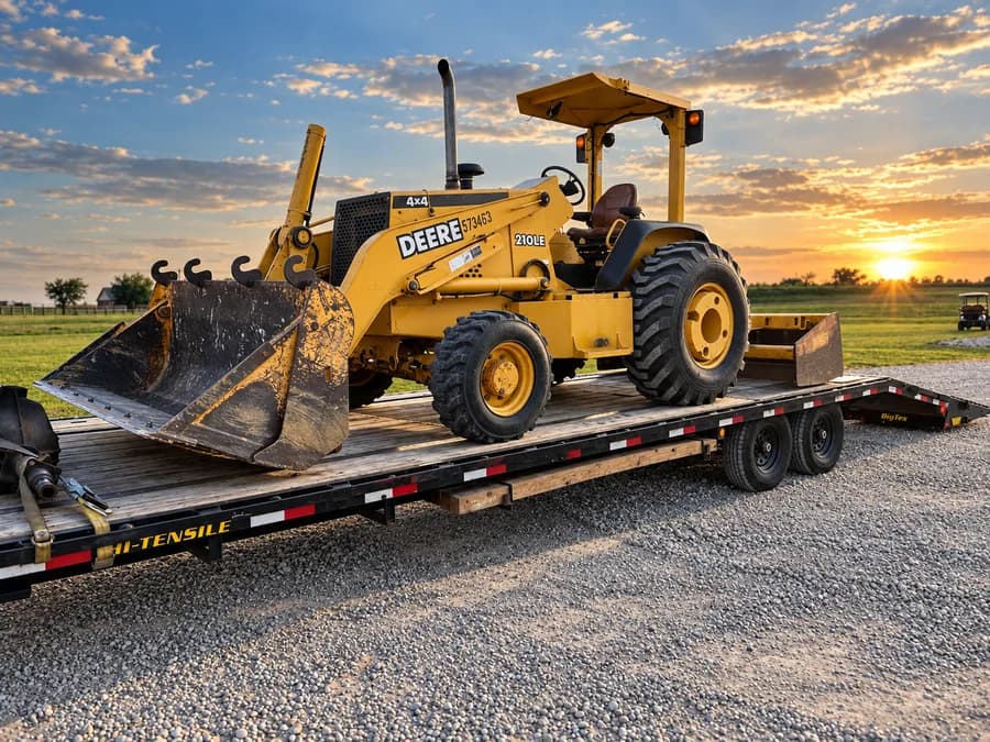 Backhoe loader secured on a transport trailer