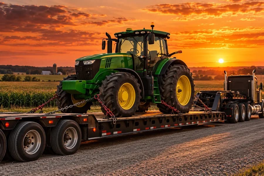 Green agricultural tractor on a lowboy trailer at sunset