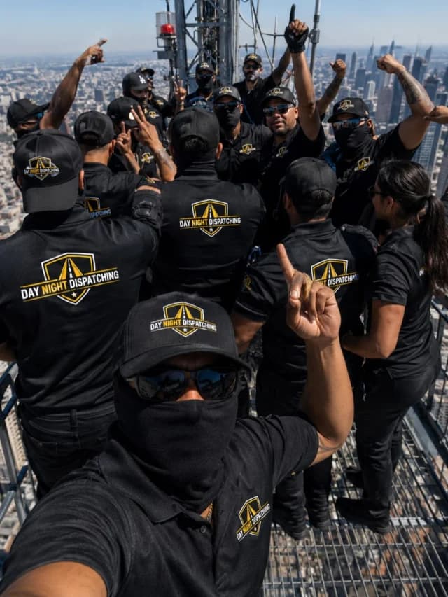 The Day Night Dispatching team — about a dozen people in branded black company shirts and caps, on a rooftop with the New York skyline behind them.
